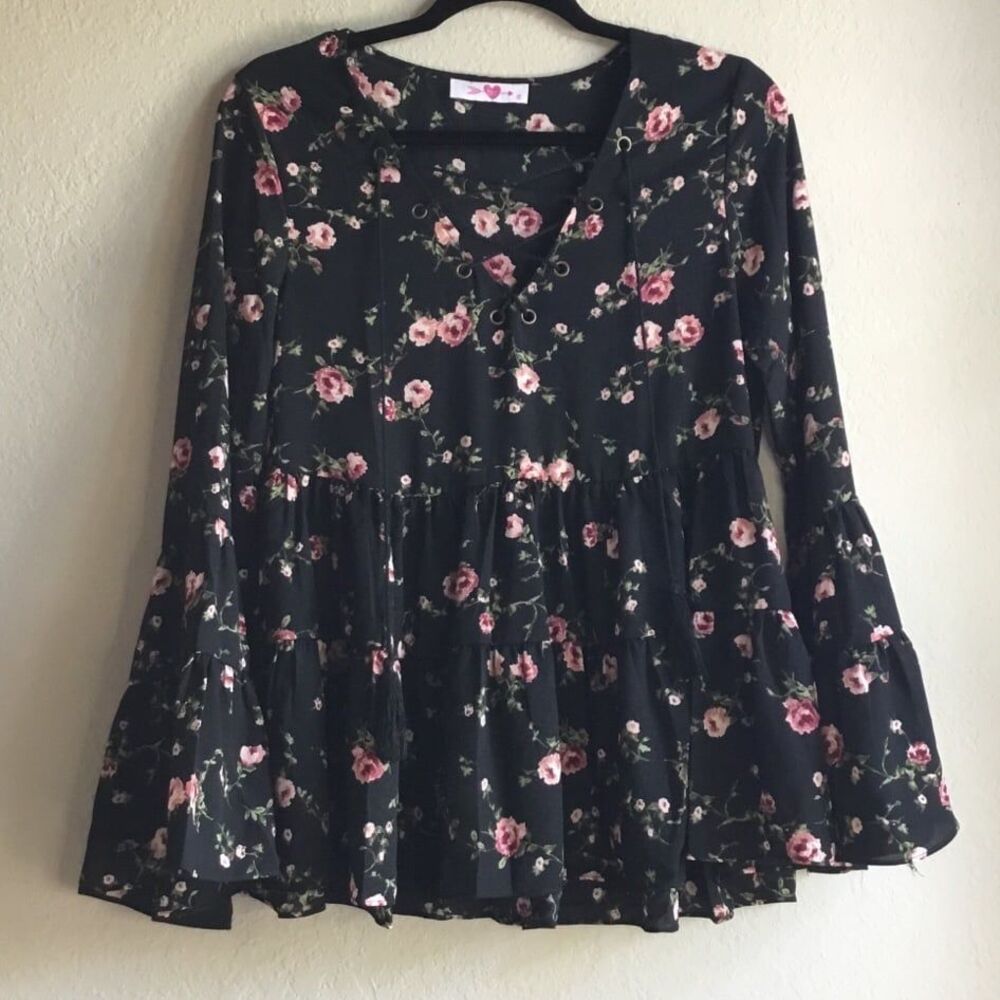 Roses pattern semi sheer blouse bell sleeves lace up witchy whimsygoth peasant S